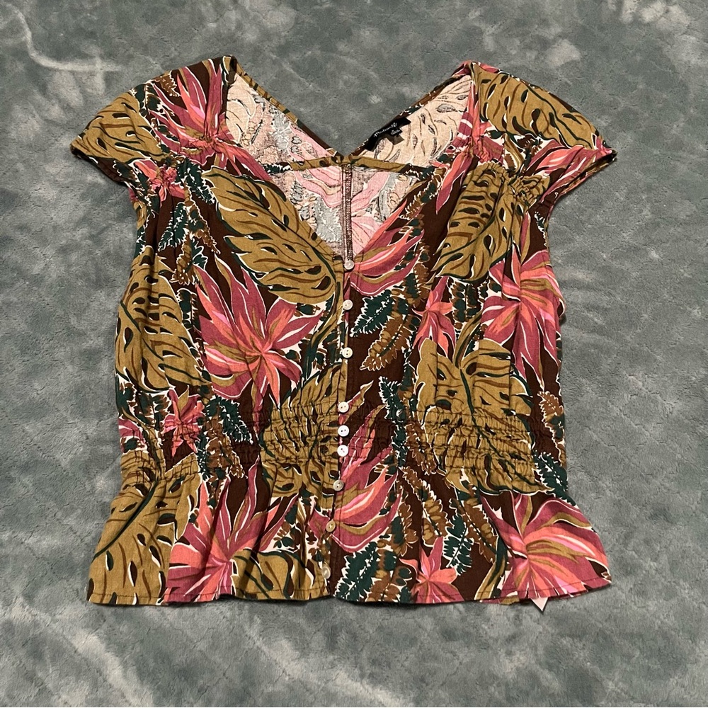 Madewell Floral Button-Front Cap Sleeve Top in Brown, Pink, Green